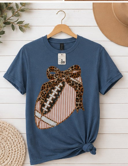 Blue Leopard Bow Football Tee