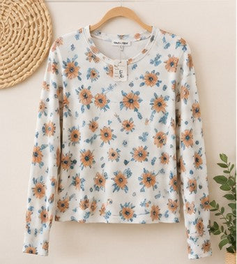 White Floral Long-Sleeve Top and Shorts
